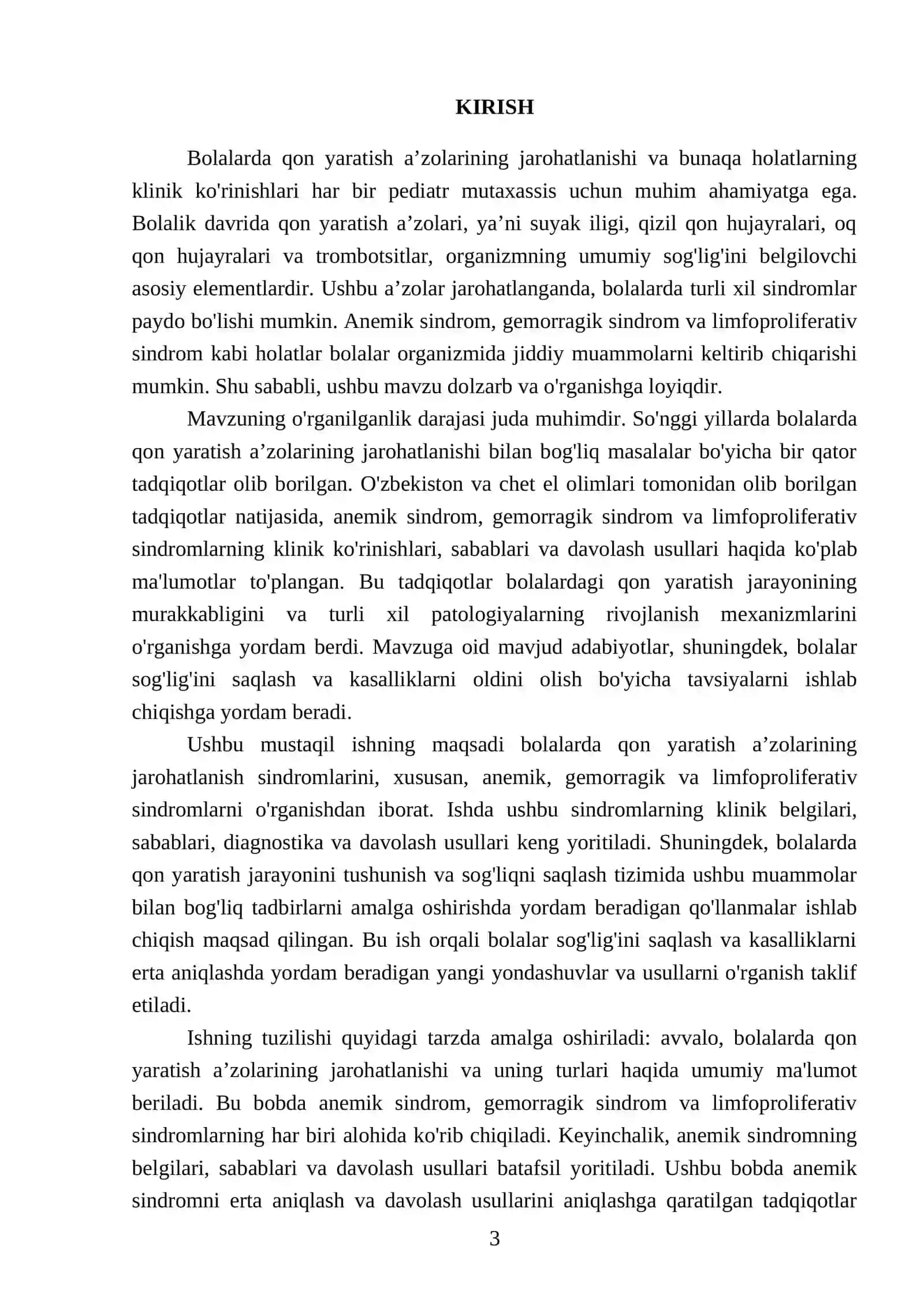 Bolalarda qon yaratish aʼzolarini jarohatlanish sindromlari: anemik sindrom, gemorragik sindrom, limfoproliferativ sindrom 3