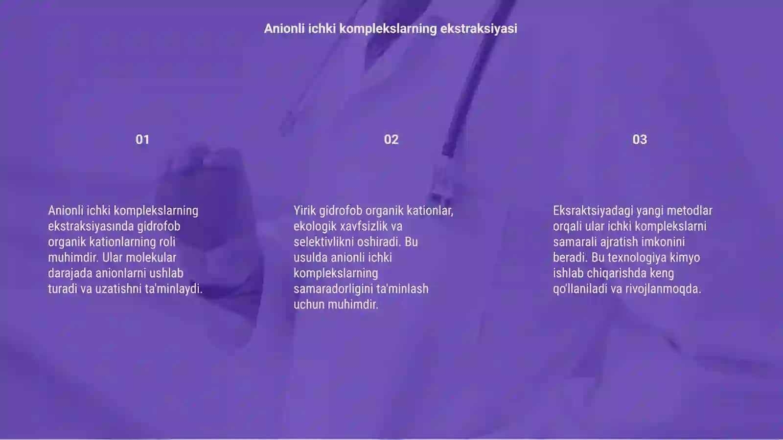 Anionli ichki kompleks birikmalarni ekstraksiyalashda yirik gidrofob organik kationlarning qoʻllanilishi 3