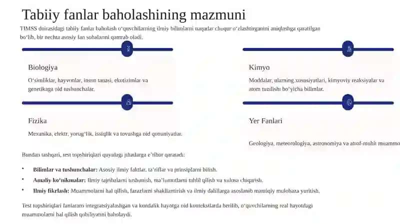 TIMSS tadqiqotining tabiiy fanlar baholash qamrov doirasi mazmun va mohiyati 3