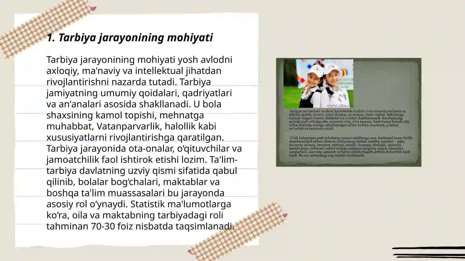 Tarbiya jarayonining oʻziga xos xususiyatlari. Tarbiya qonuniyatlari va tamoyillari. Tarbiyaning tarkibiy qismlari 3
