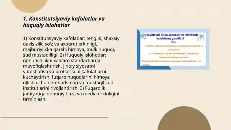 Yangi Oʻzbekistonda inson haq huquqlari va erkinliklari kafolatlatining yaratilishi 3