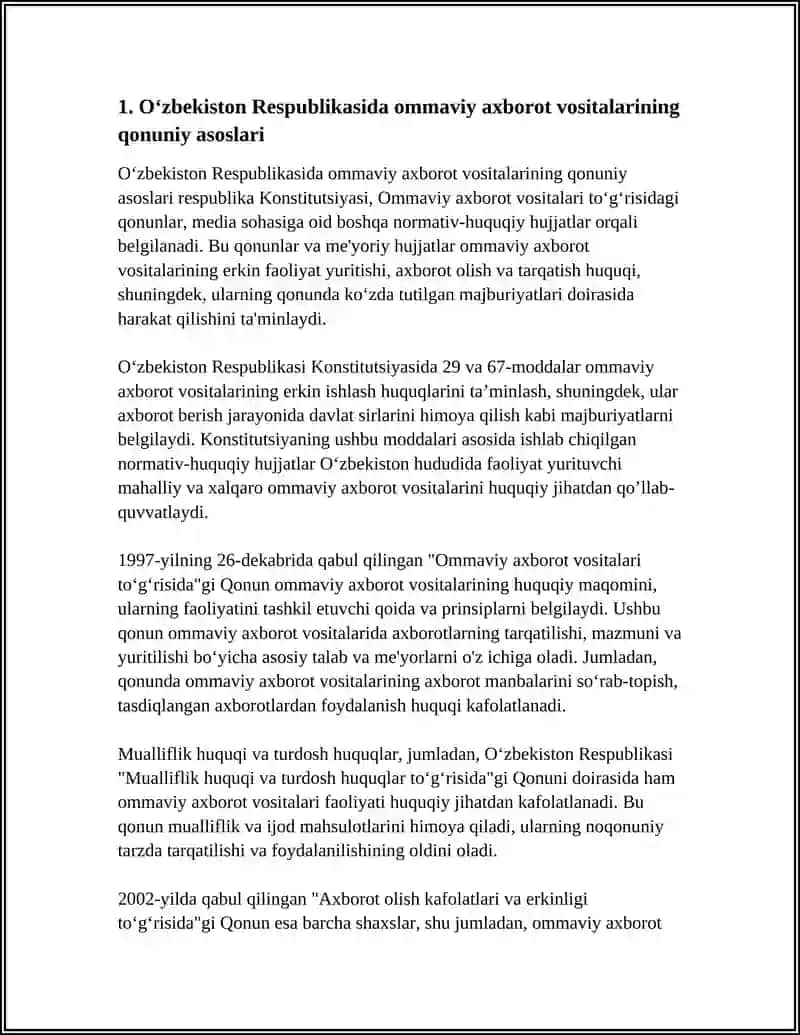O‘zbekiston Respublikasi Ommaviy Axorot Vositalarining Faoliyati Referat 3
