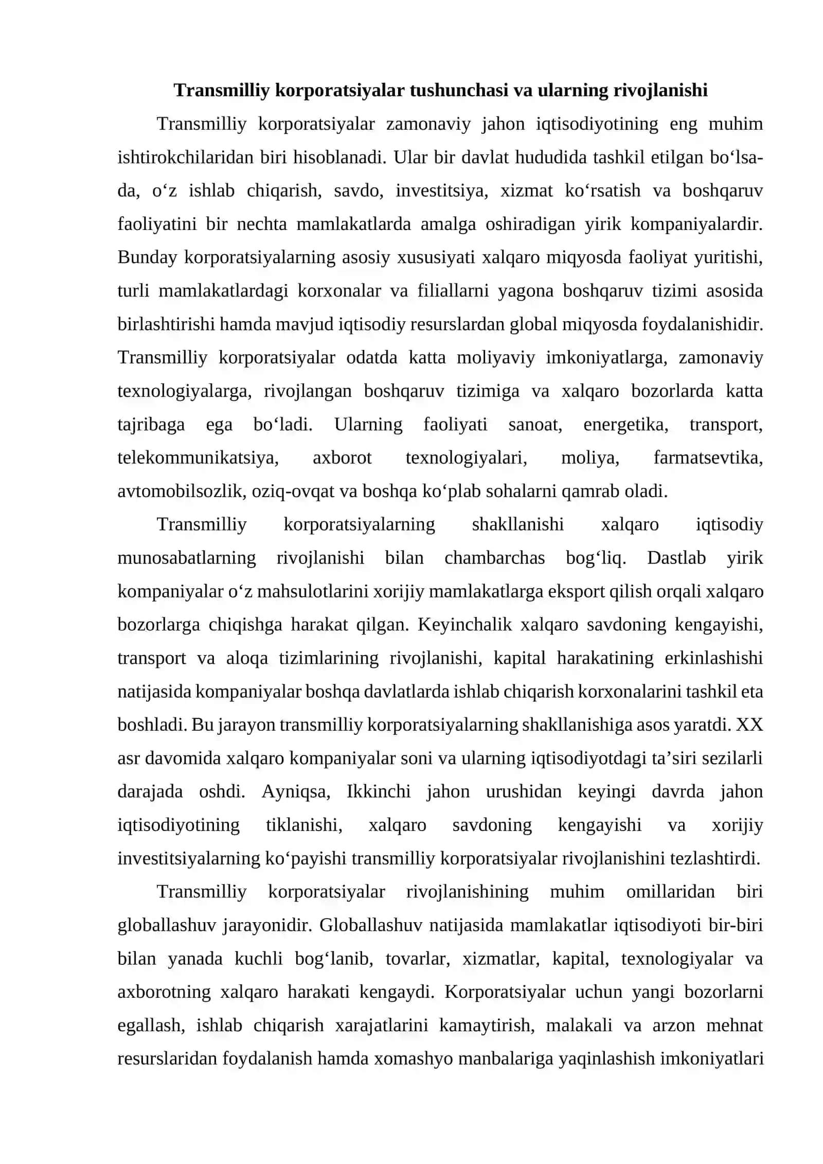 Transmilliy korporatsiyalarning jahon iqtisodiyoti rivojlanishidagi o‘rni 3