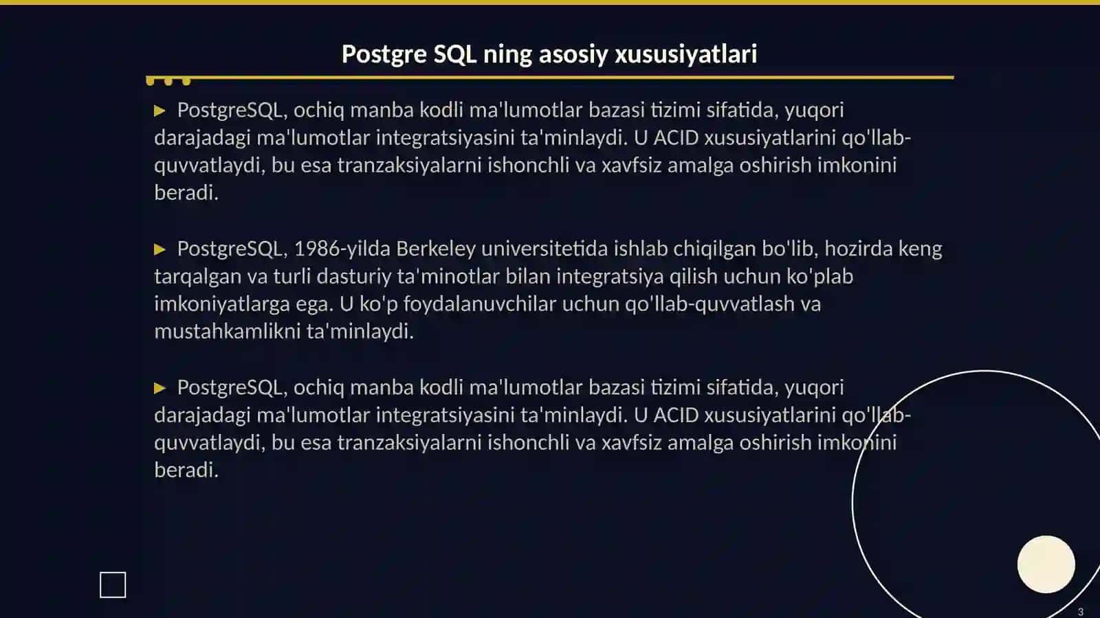 Postgre SQL, MY SQL, Oracle, MS SQL bilan tuzilgan ma'lumnotlar bazasi amaliyoti 3