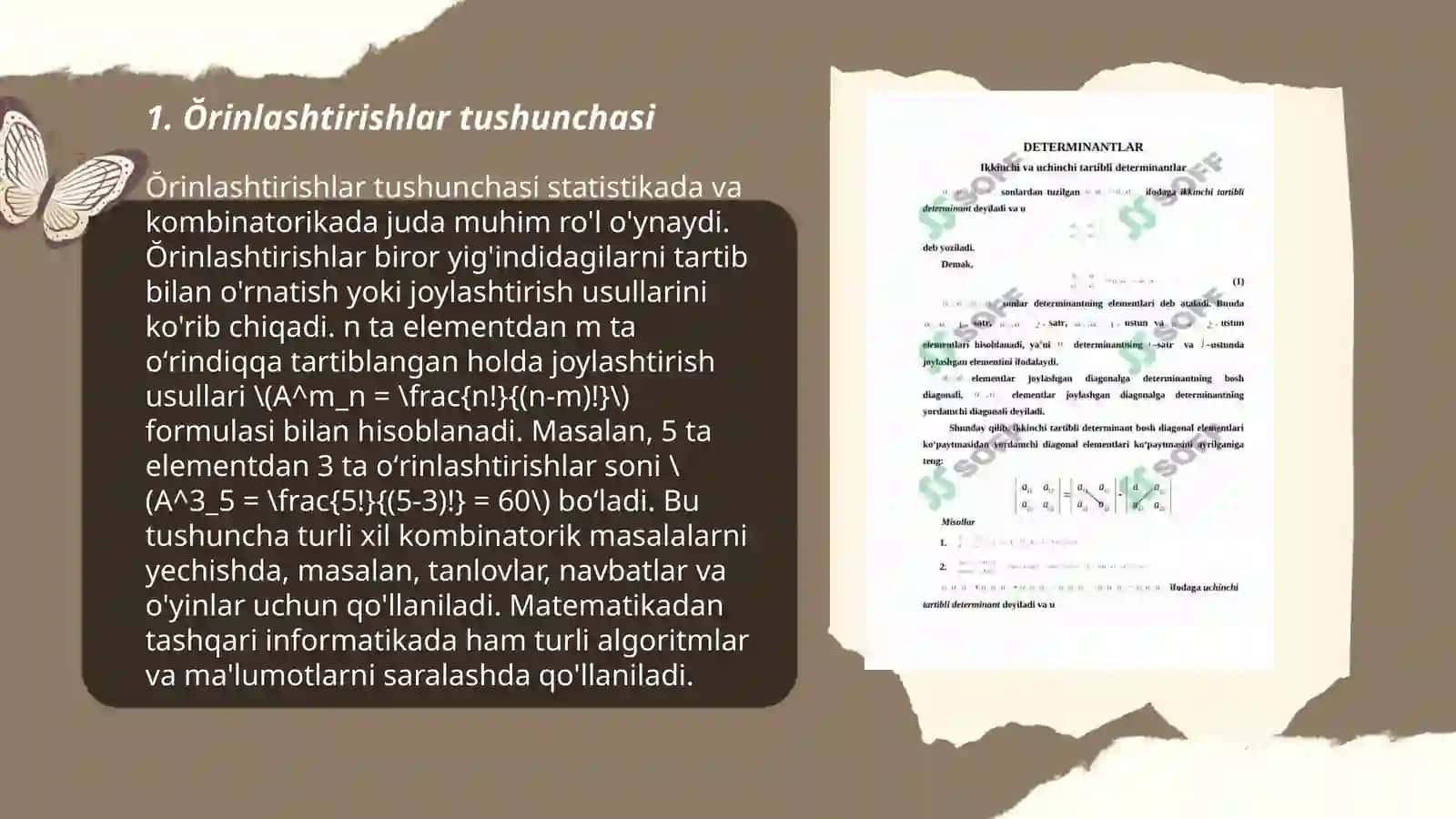 Ŏrinlashtirish va ŏrin almashtirish kichik tartibli determinantlar e ninchi tartibli determinantlar va ularning xossalari 3