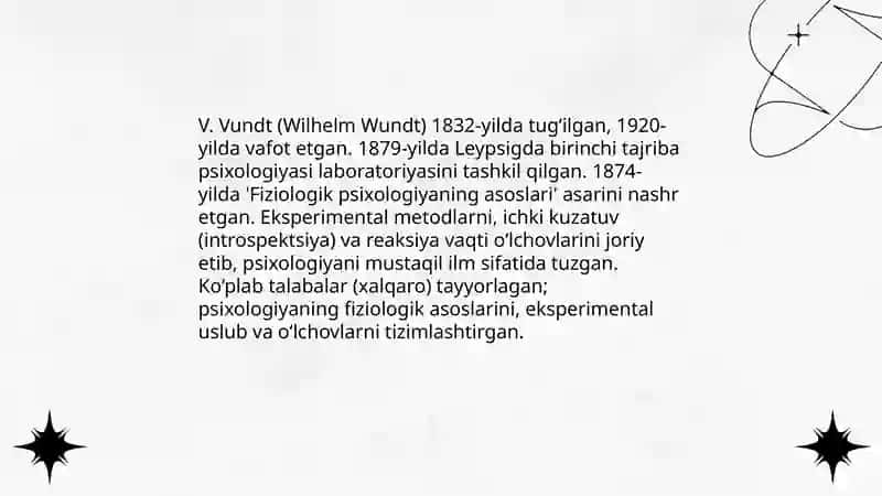 V.Vundtning ekspremental psixologiya yoʻnalishga doir,amaliy izlanoshlarning ahamiyati 3
