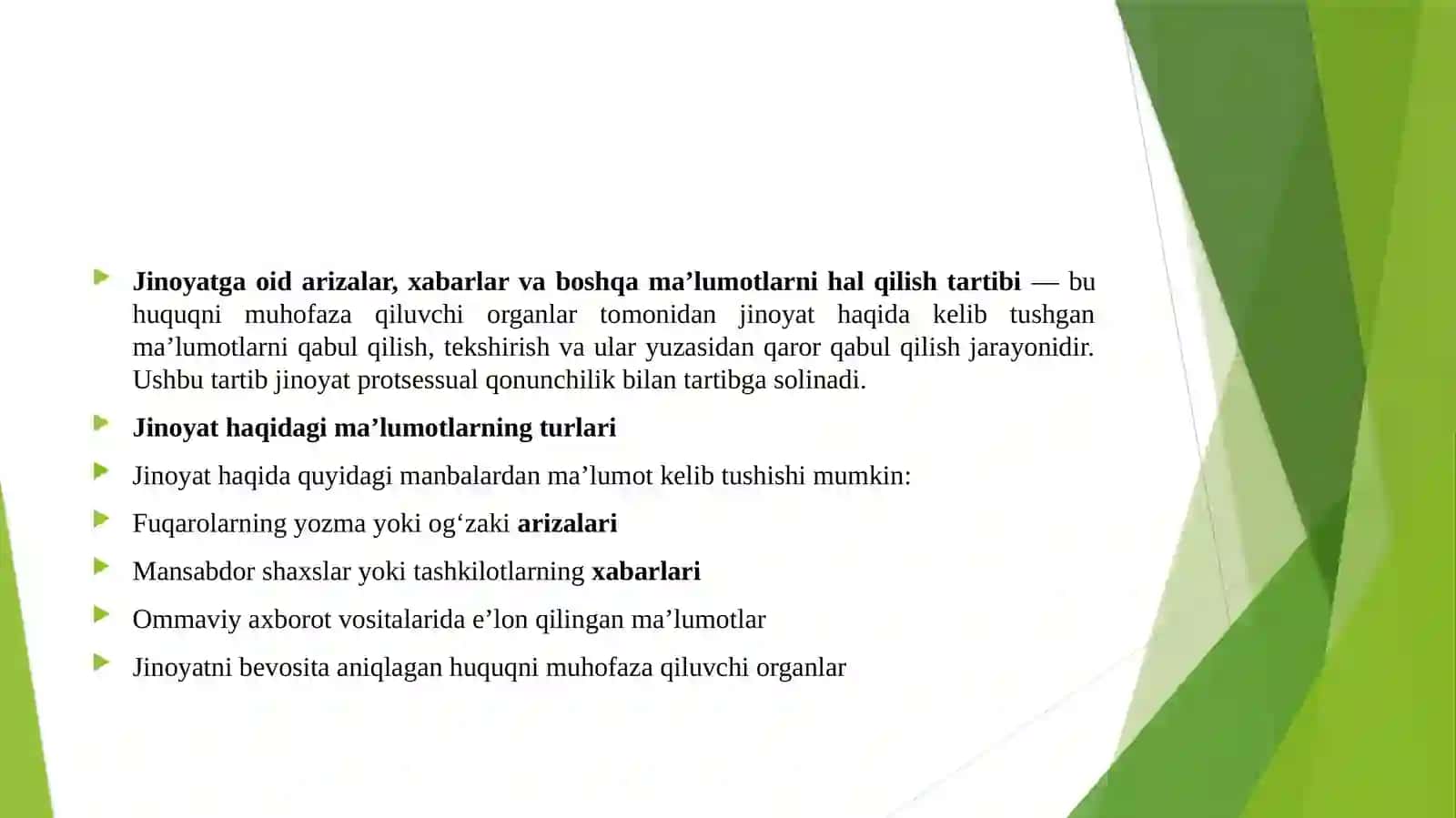 Jinoyatga oid arizalar, xabarlar va boshqa maʼlumotlarni hal qilish tartibi. 3