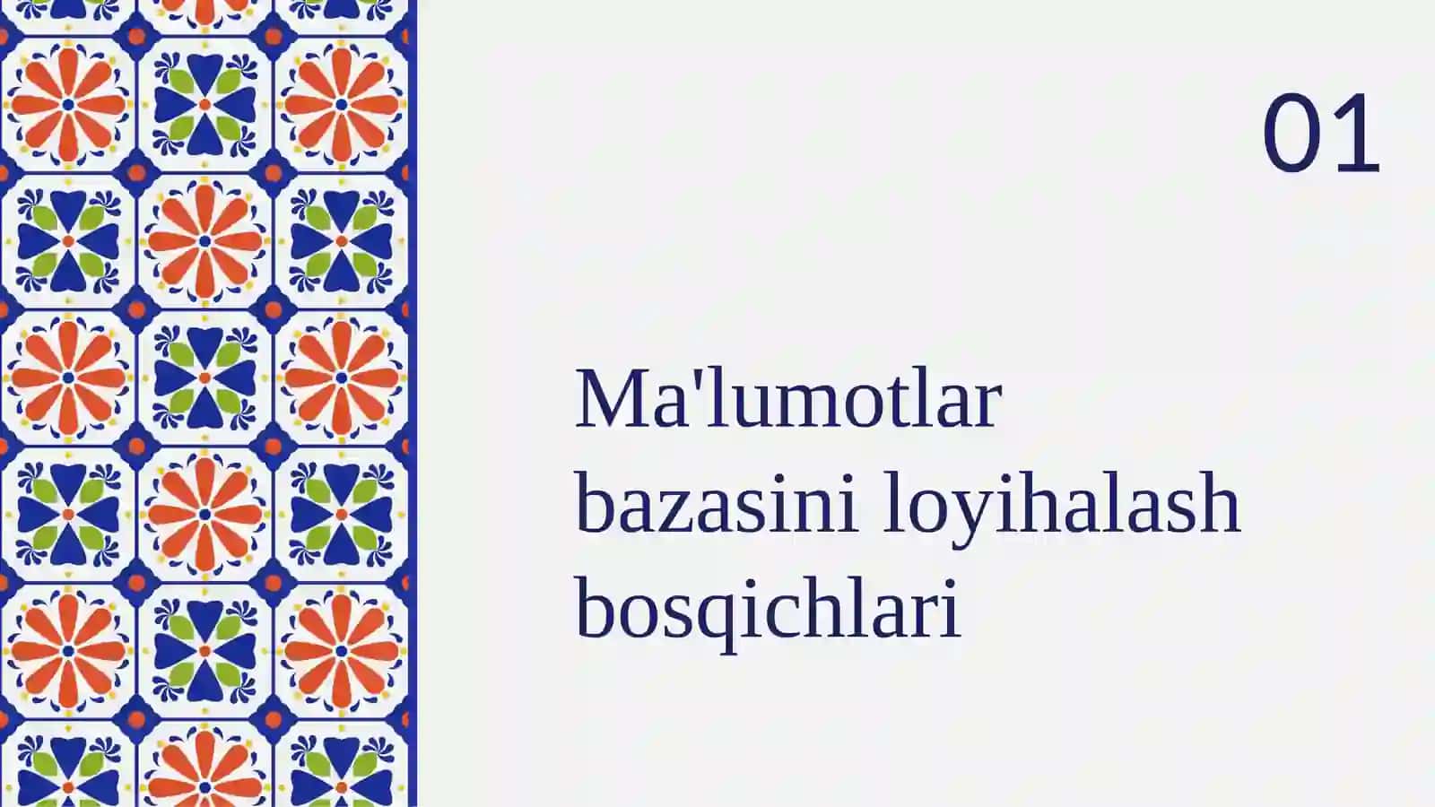 Malumotlar bazasini loyihalash bosqichlari, obektlarni 1NF,2NF va 3NF normal formalar yordamida normallashtirish 3