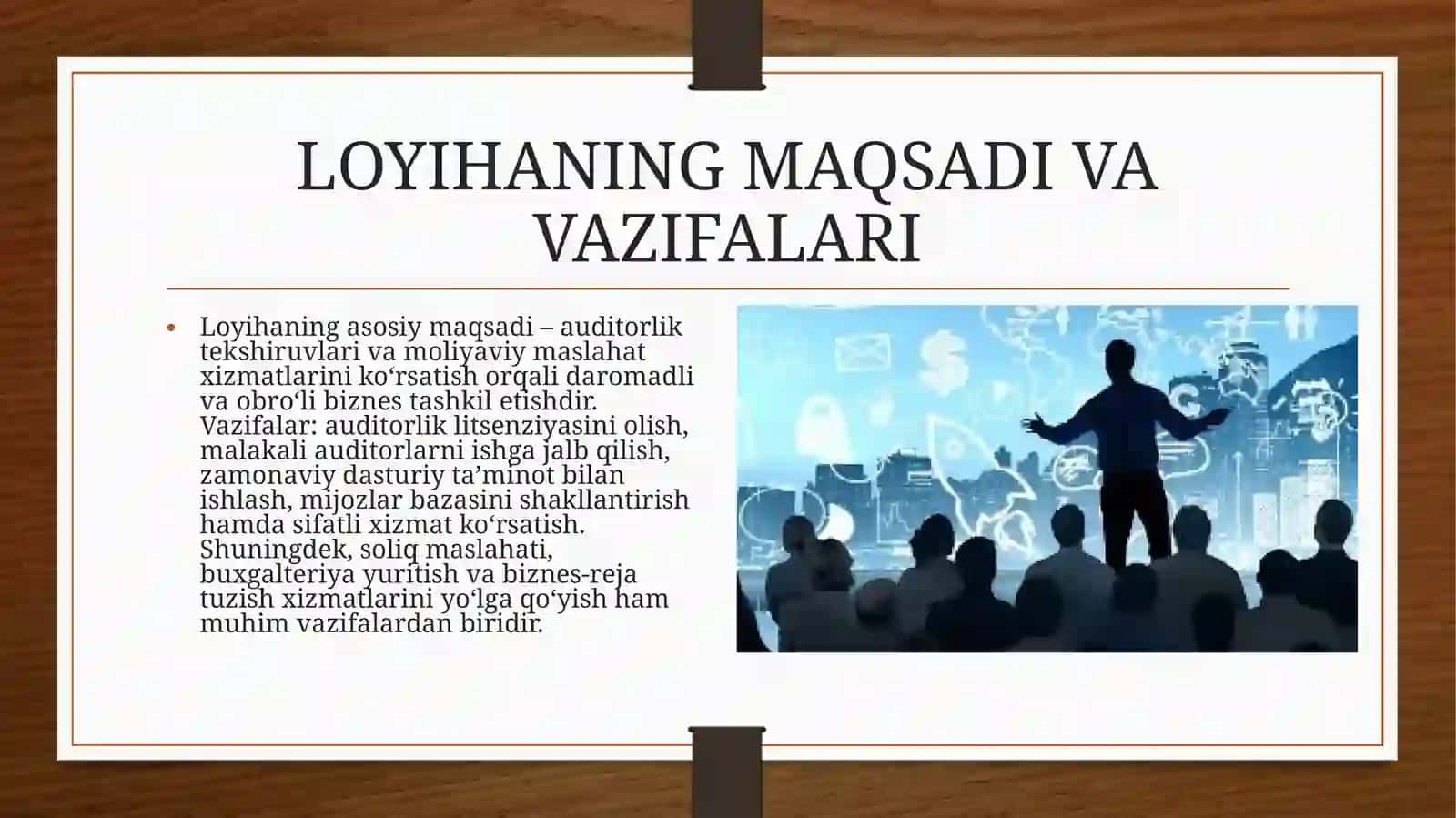 (100 millionlik Loyiha ishi ) Biznes reja: Auditorlik tashkiloti va axborot-maslahat xizmatlarini ko‘rsatuvchi sub’yekt faoliyatini tashkil etish 3