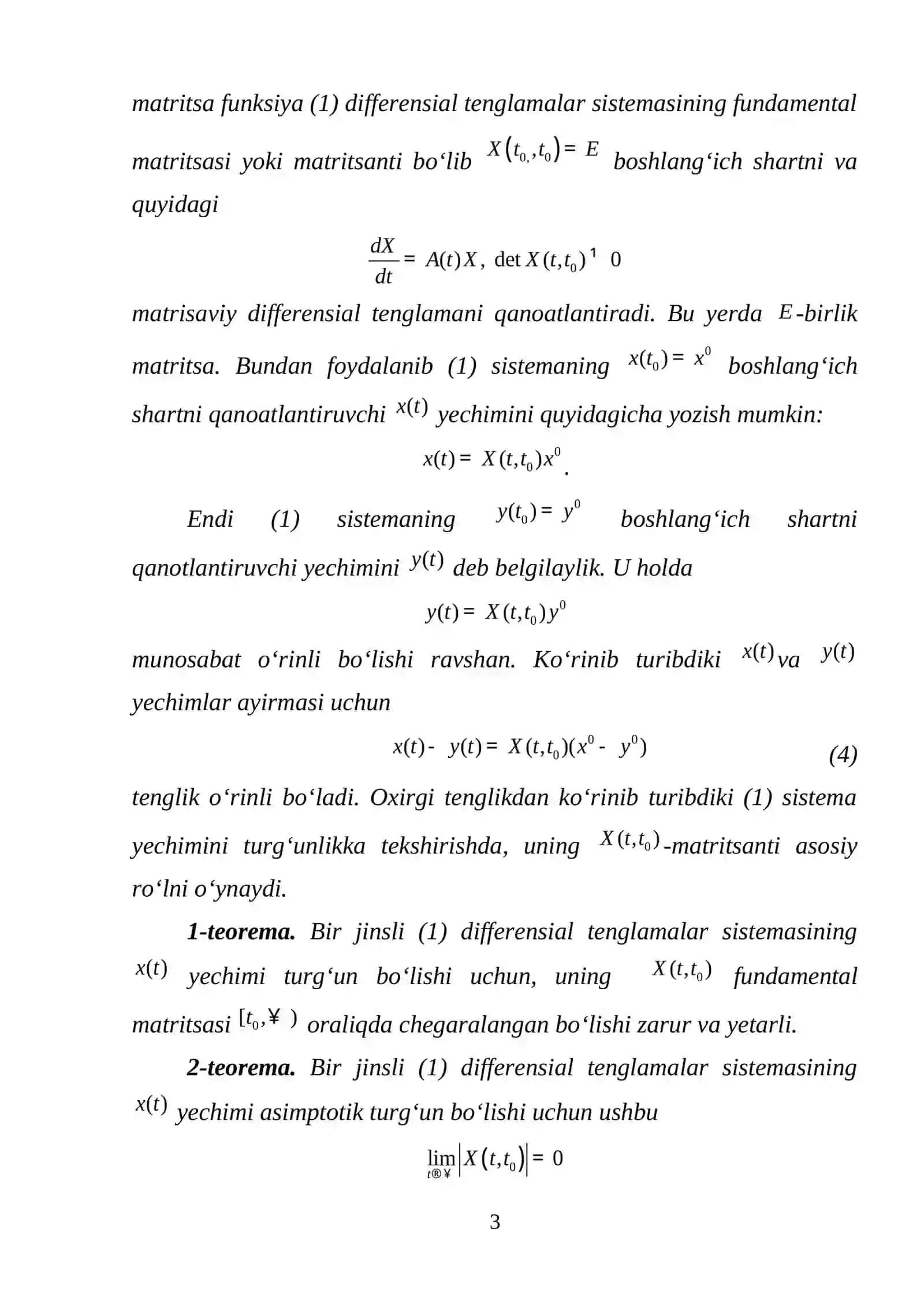 Chiziqli bir jinisli differensial tenglamalar sistemasi yechimining turg‘unligi 3