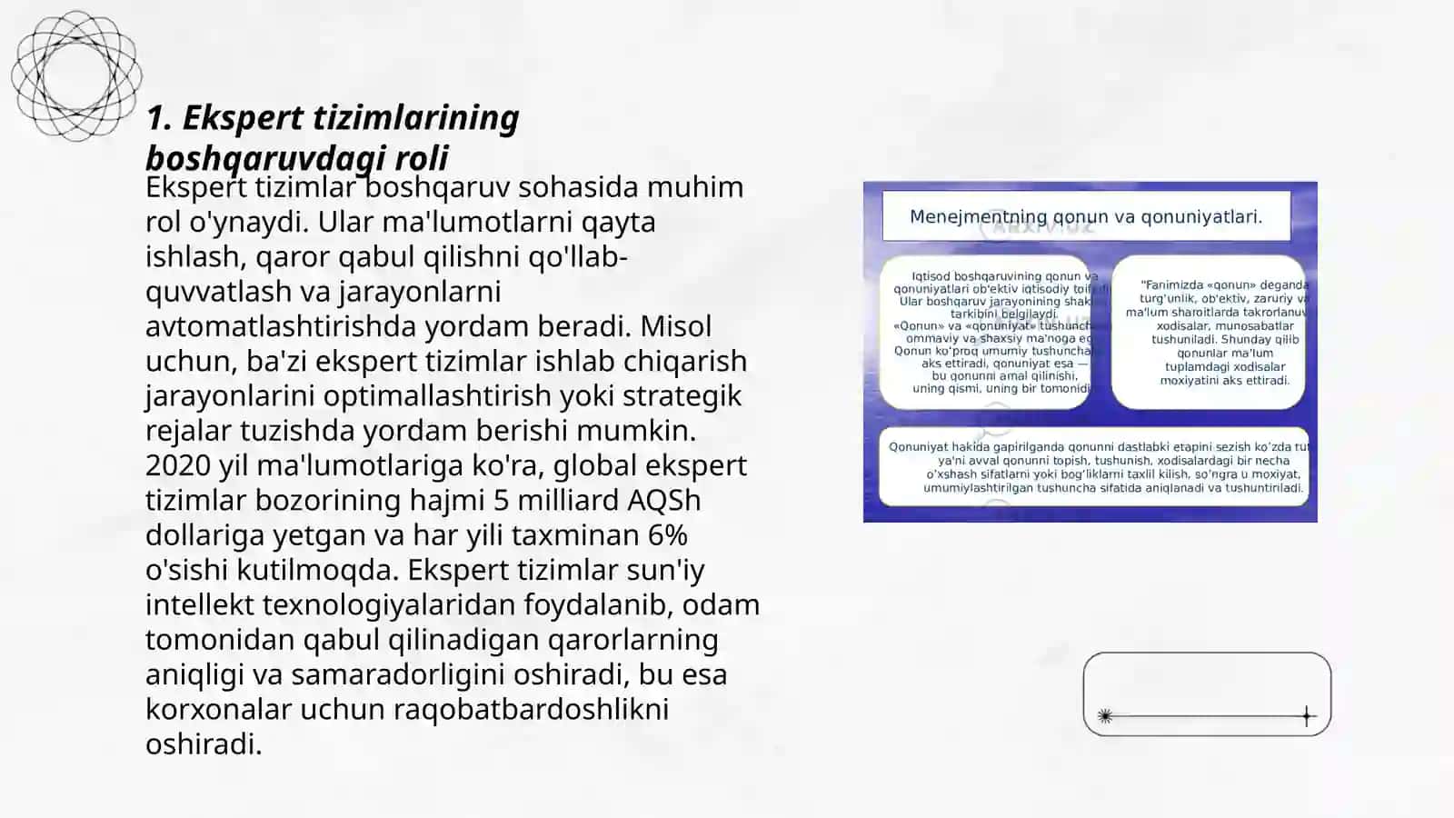 Ekspert tizimlarini boshqaruvdagi o'rni va ularni iqtisodiyot tarmoqlarda qo'llash 3