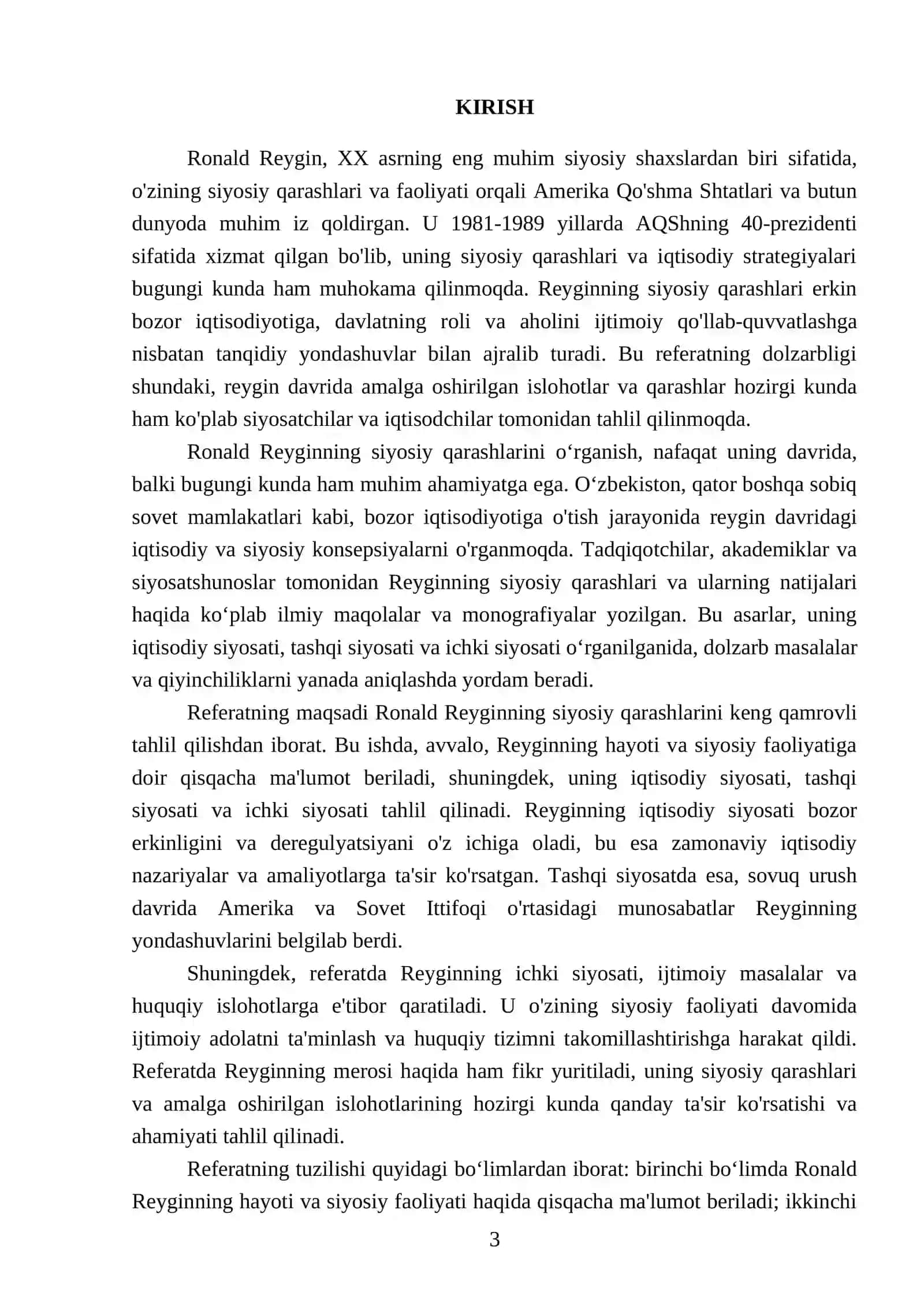 Ronald Reyginning siyosiy qarashlari REFERATI 3