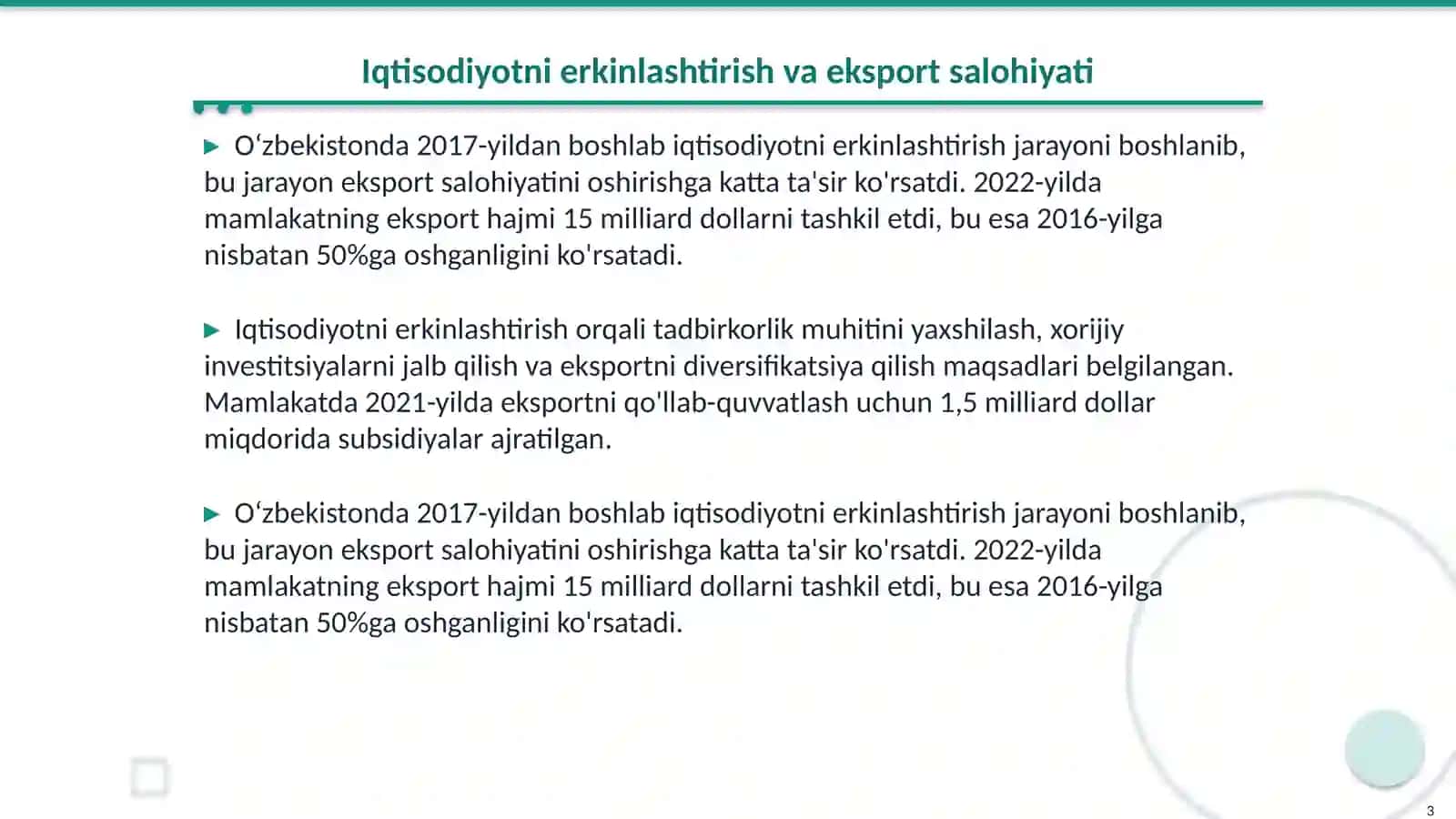 Iqtisodiyotni erkinlashtirish sharoitida Oʻzbekistonning eksport salohiyatini oshirishning moliyaviy imkoniyatlari 3