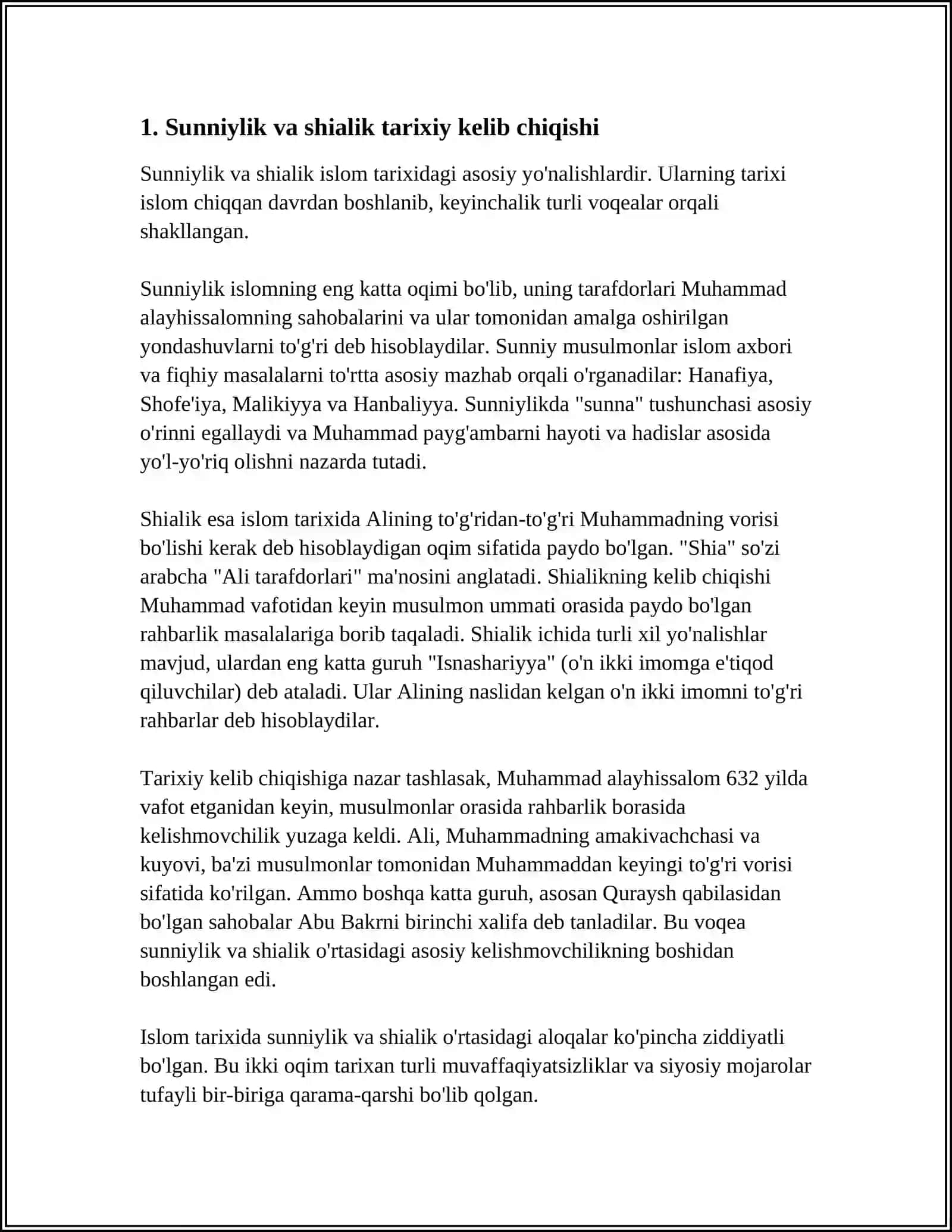 SUNNIYLIK VA SHIALIK YO‘NALISHLARINING PAYDO BO‘LISHI VA ULAR EʼTIQODIDAGI FARQLAR 3