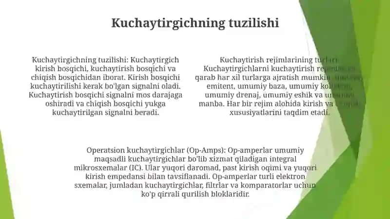 Kuchaytirgichlarning Tuzilishi, Turlari Va Ishlash Prinspi. Operatsion Mikrosxemalar 3