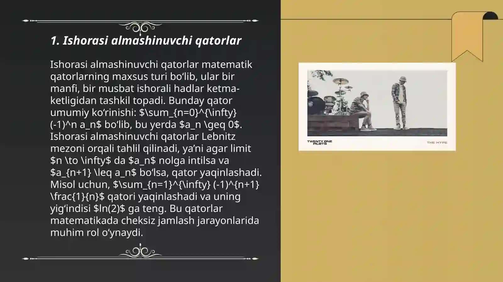 Ishorasi almashinuvchi va o‘zgaruvchan ishroli sonli qatorlar 3