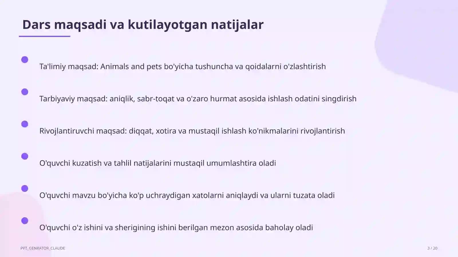 Animals and pets (2-sinf) Ingliz tili (1–11) — takrorlash darsi uchun 3