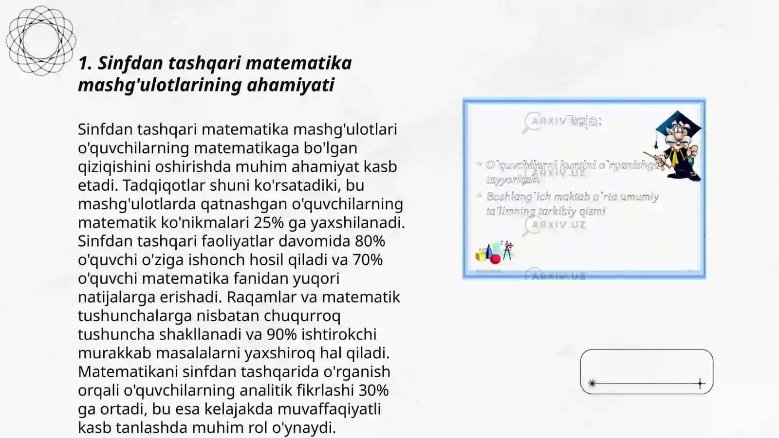Boshlang’ich sinflarda matematikadan sinfdan tashqari ishlarni tashkil etishning maqsad va vazifalari 3