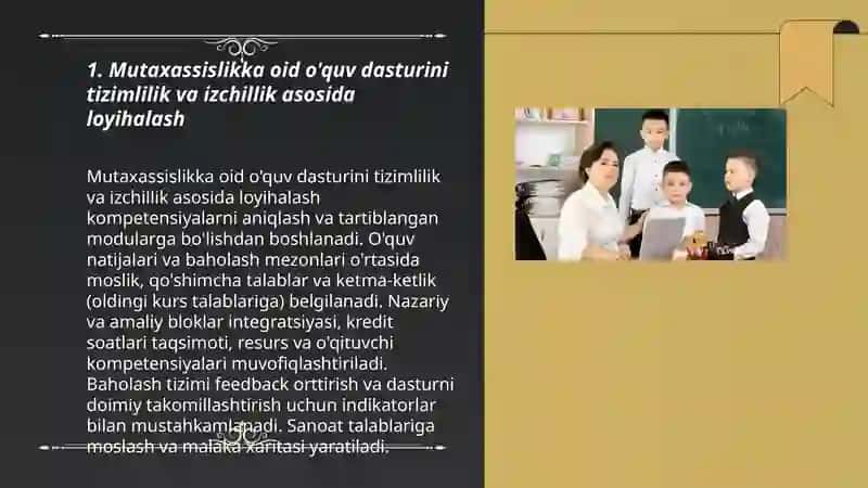 Ta'limning tizimlilik va izchillik prinsplarini amalga oshirish qoidalarini mutaxassisligingizga oid mavzu misolida taqdimot qiling 3