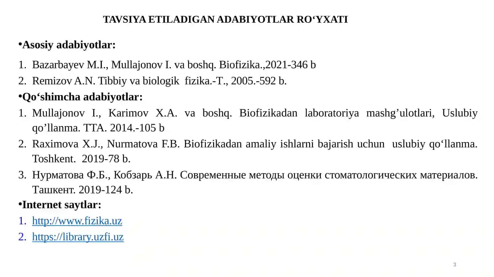 Qattiq jismlar va biologik toʻqimalarning mexanik xossalari.«BIOPHYSICS» 3