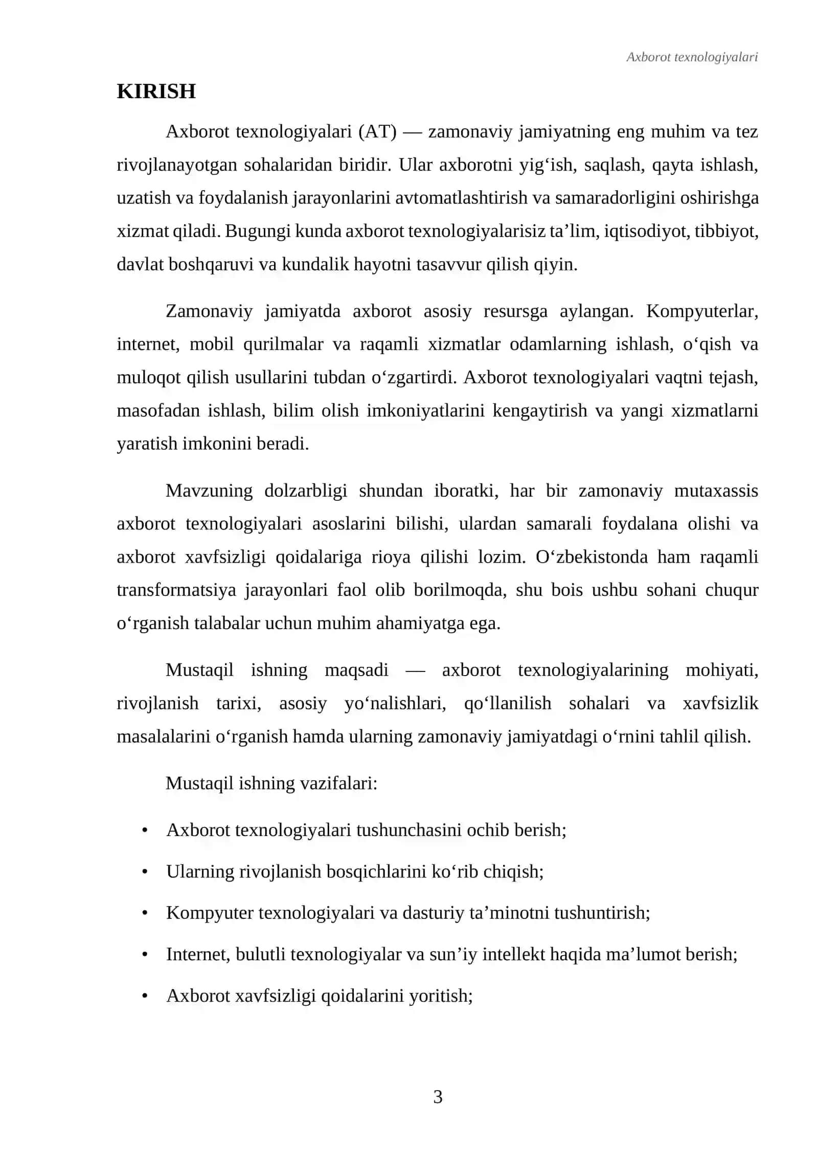 AXBOROT TEXNOLOGIYALARI VA ULARNING ZAMONAVIY JAMIYATDAGI O‘RNI 3