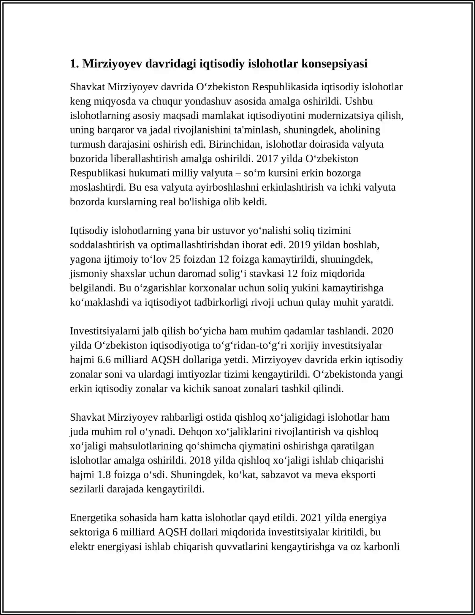 O‘ZBEKISTON RESPUBLIKASI PREZIDENDI SHAVKAT MIRZIYOYEVNING KENG MIQIYOSLI IQTISODIY ISLOHATLARI VA UNING MAZMUNI 3