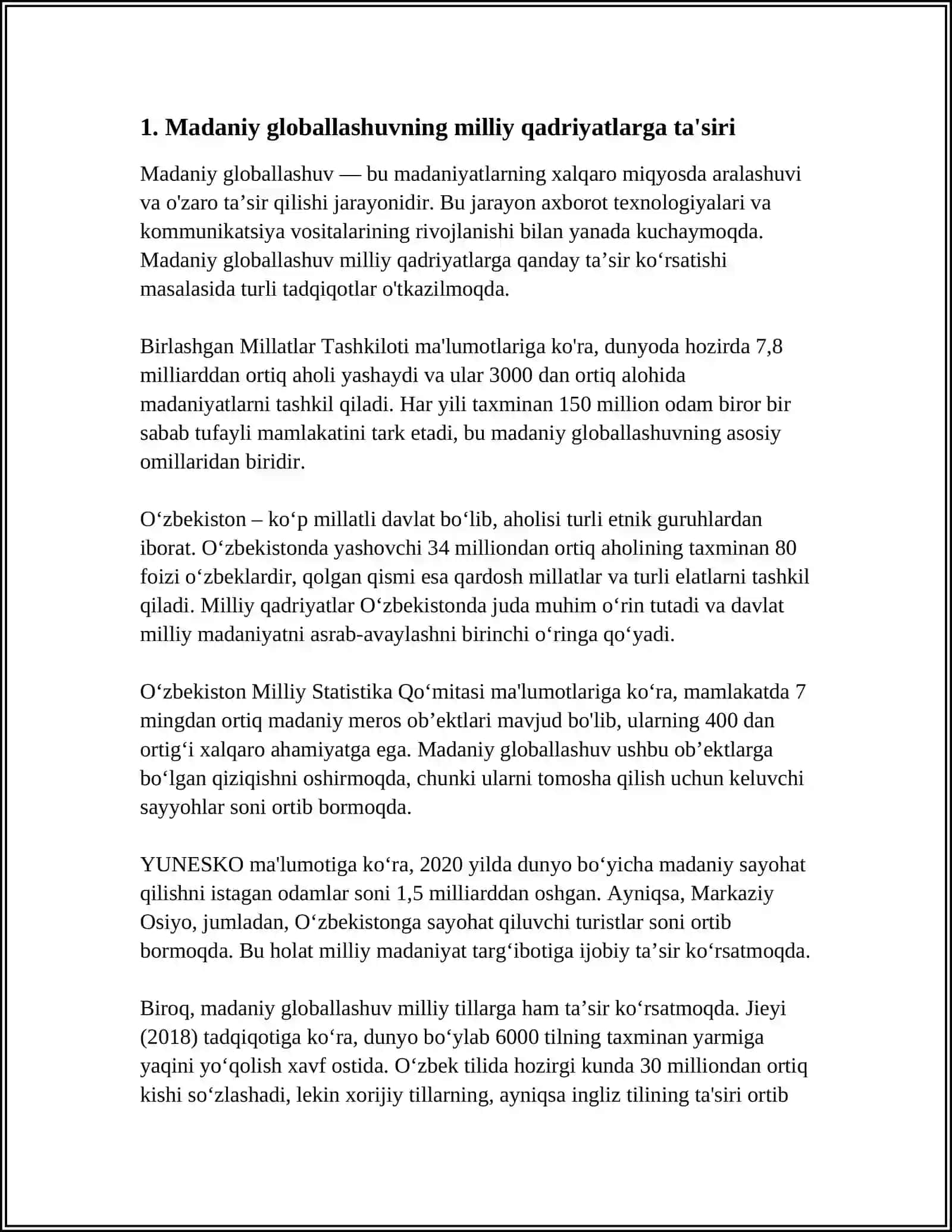 MUSTAQIL ISH Mavzu: MADANIY GLOBALLASHUVNING SALBIY VA IJOBIY TOMONLARI 3