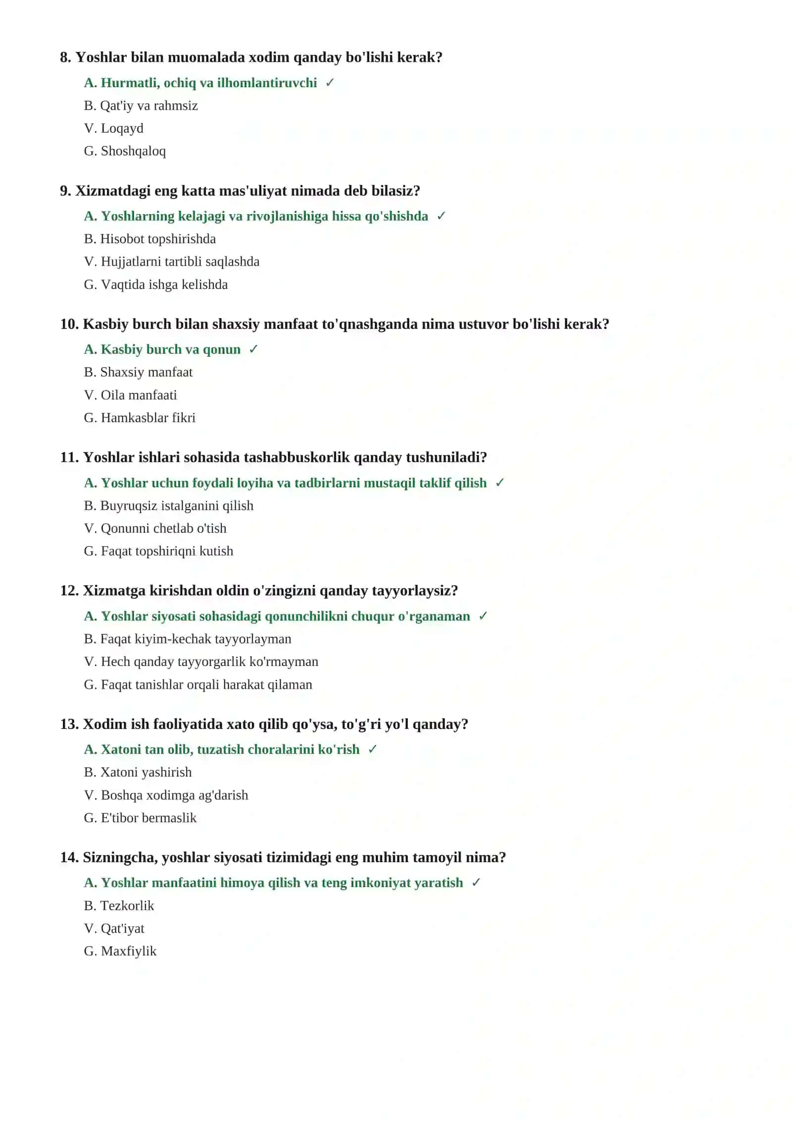 YOSHLAR ISHLARI AGENTLIGI ISHGA KIRISH UCHUN
TEST SAVOLLARI 3