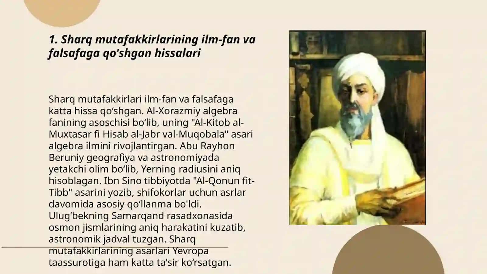 Sharq mutafakkitlarining ( Farobiy Beruniy Ibn Sina G'azzoliy VA boshlaqar ) falsafiy qarashlari 3