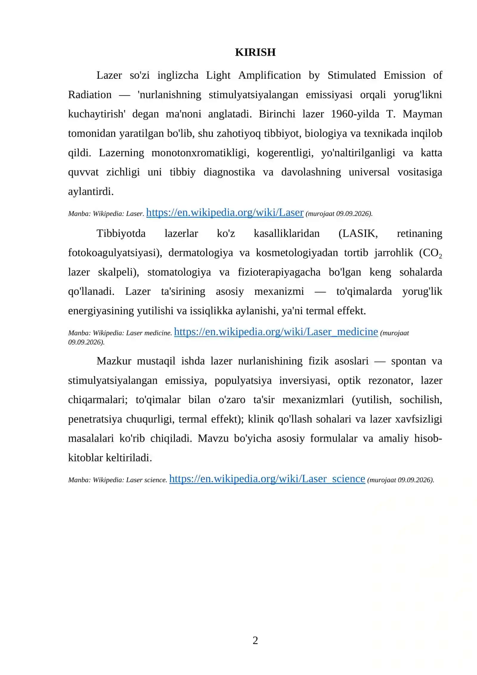 MUSTAQIL ISH LAZER TEXNOLOGIYALARI VA ULARNING TIBBIYOTDA QO'LLANISHI 3