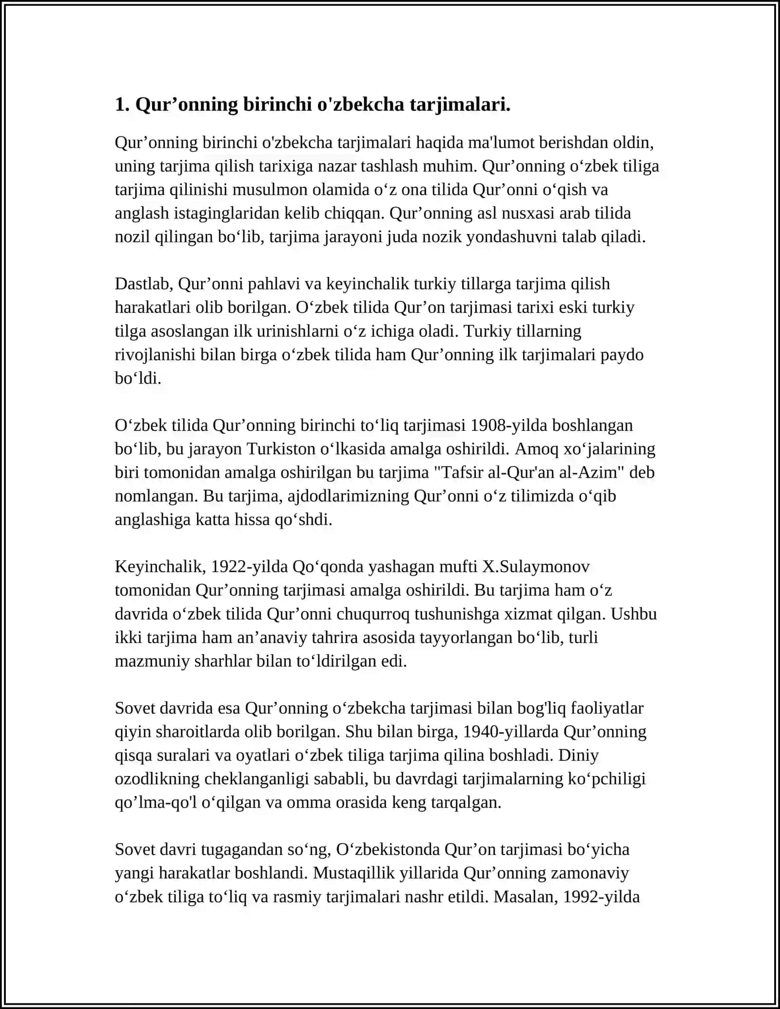 MISTAQIGLLIK YILLARIDA QURʼONNING OʻZBEK TILIGA TARJIMA QILINISHI VA TAFSIRLARI HAQIDA TAYYORLASH 3