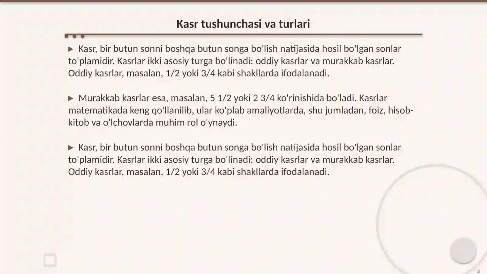 Kasr va manfiy son tushunchasi va unga oid misollar va masalalar 3