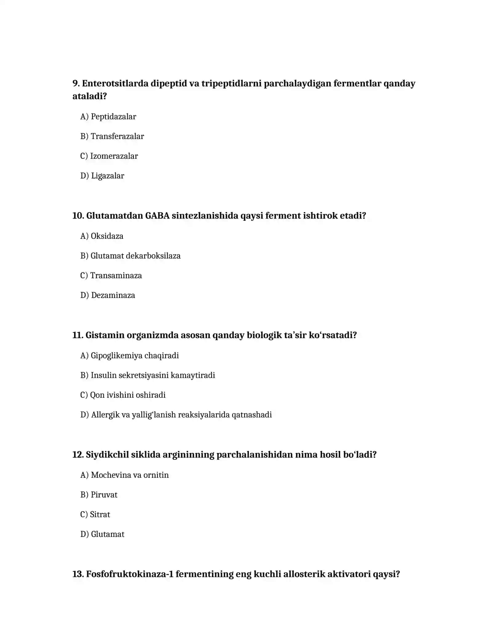 Biokimyo: metabolizm va fermentlar testi 3