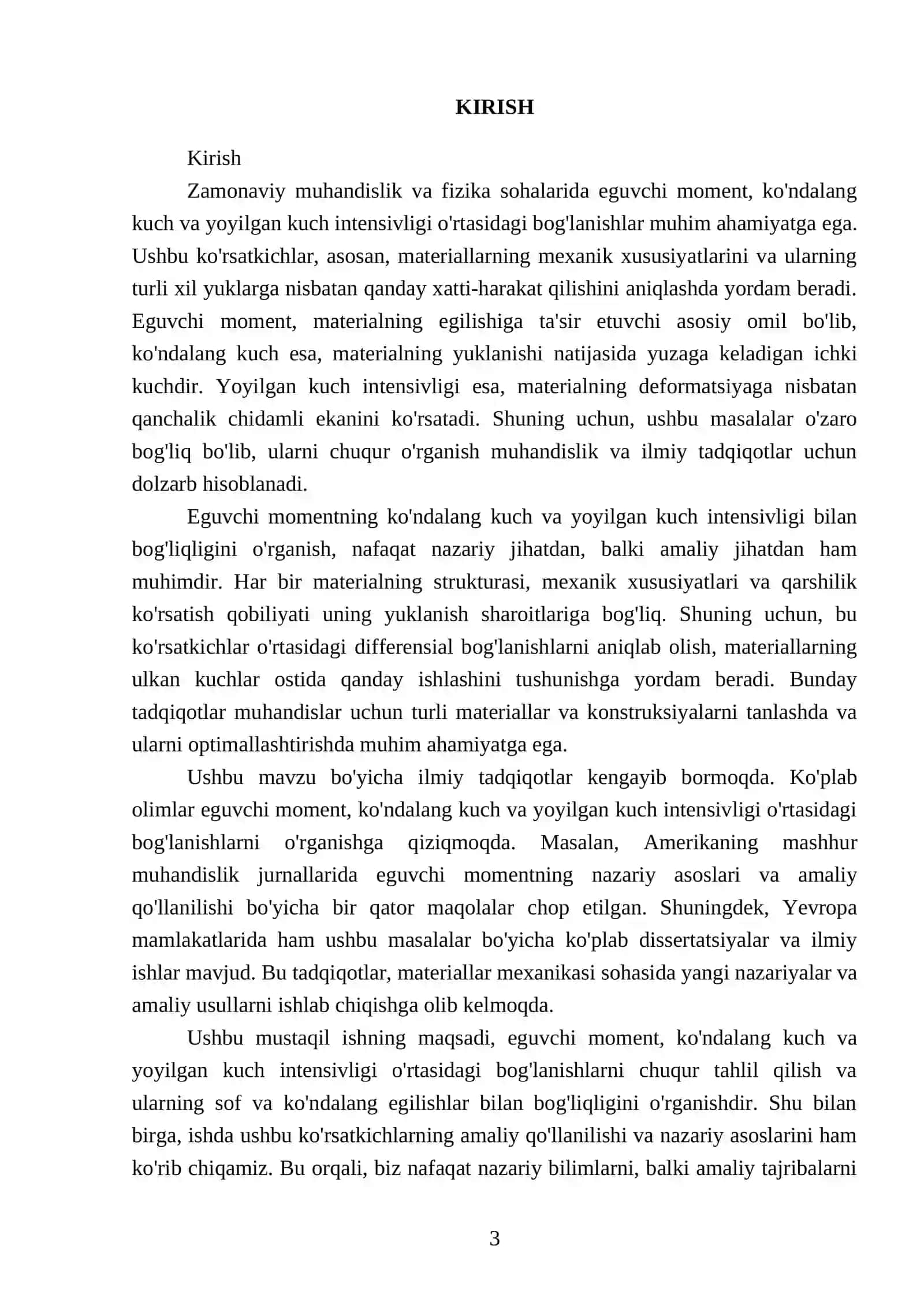 Eguvchi moment, ko'ndalang kuch va yoyilgan kuch intensivligi orasidagi differensial bog'lanishlar 3