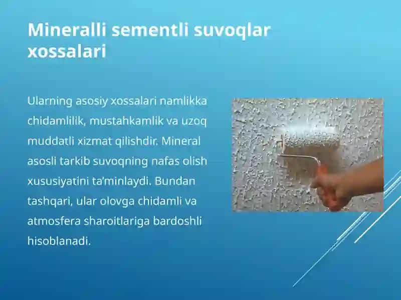 Mineralli sementli va akril suvoqlarning xossalari 3