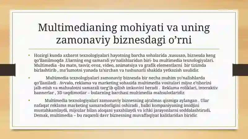 Multimediadan biznesda foydalanish. Multimediadan axbarot taminotida foydalanish .  Multimediadan o’yinlarda foydalanish 3