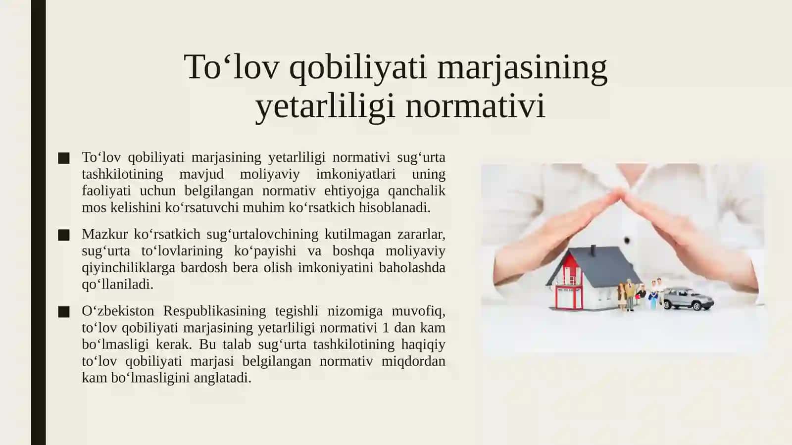 Sug'urta tashkilotlarining to'lov qobiliyati. To'lov qobiliyati marjasining eterliligi normativi Sug'urtalovchilarning (qayta sug'urtalovchilarning) alohida tavakkalchiliklar bo'yicha va jami majburiyatlarining yo'l qo'yiladigan eng ko'p miqdorlari Sug'urtalovchilarning (qayta  sug'urtalovchilarning) aktivlarini joylashtirishga qo'yilgan talablar. Qayta sug'urtalashga oid talablar. 3