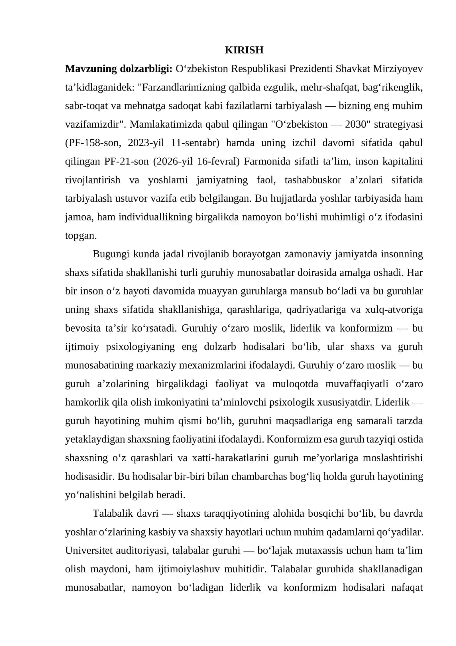 GURUHIY O'ZARO MOSLIK, LIDERLIK VA KONFORMIZM HODISALARI 3