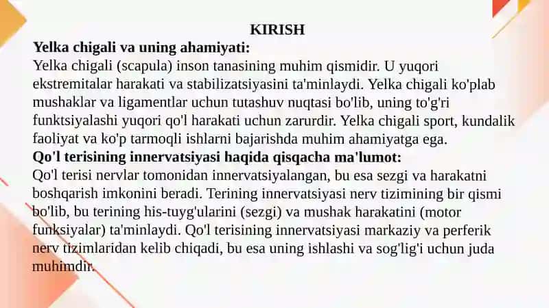 Yelka chigalining hosil bo'lishi va uning qisqa shoxlari.Yelka chigalining uzun shoxlari.Qo'l terisining innervatsiyasi. 3