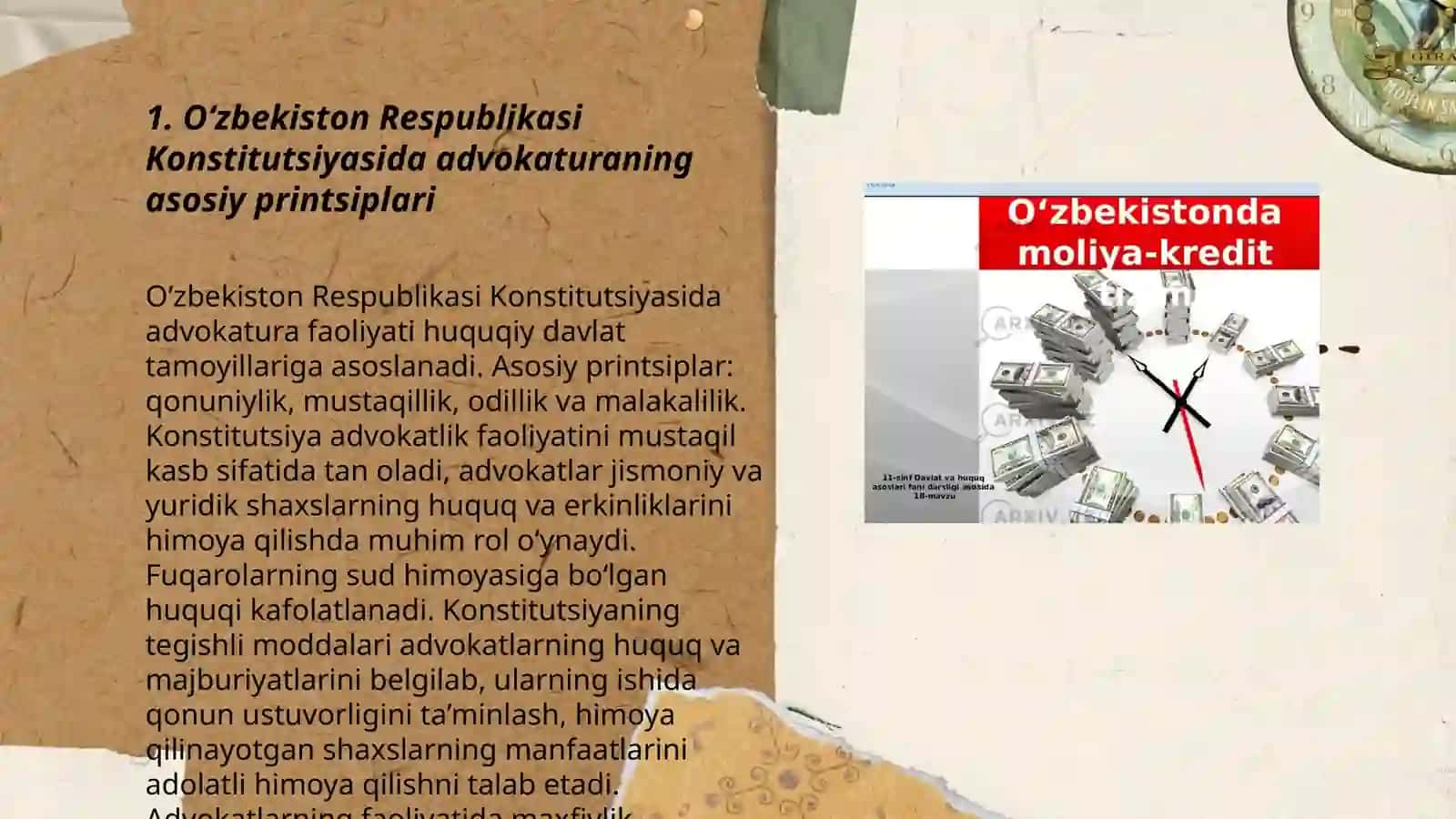 O‘zbekiston Respublikasi Konstitutsiyasida advokaturaning o‘rni. Moliya, pul va bank tizimi 3
