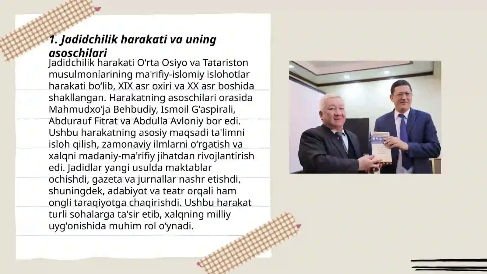 Jadid maʼrifatparvarlarning oʻlka, ijtimoiy-ma'naviy hayotida tutgan oʻrni( Munavvar qori, Fitrat, Behbudiy, Avloniy) 3