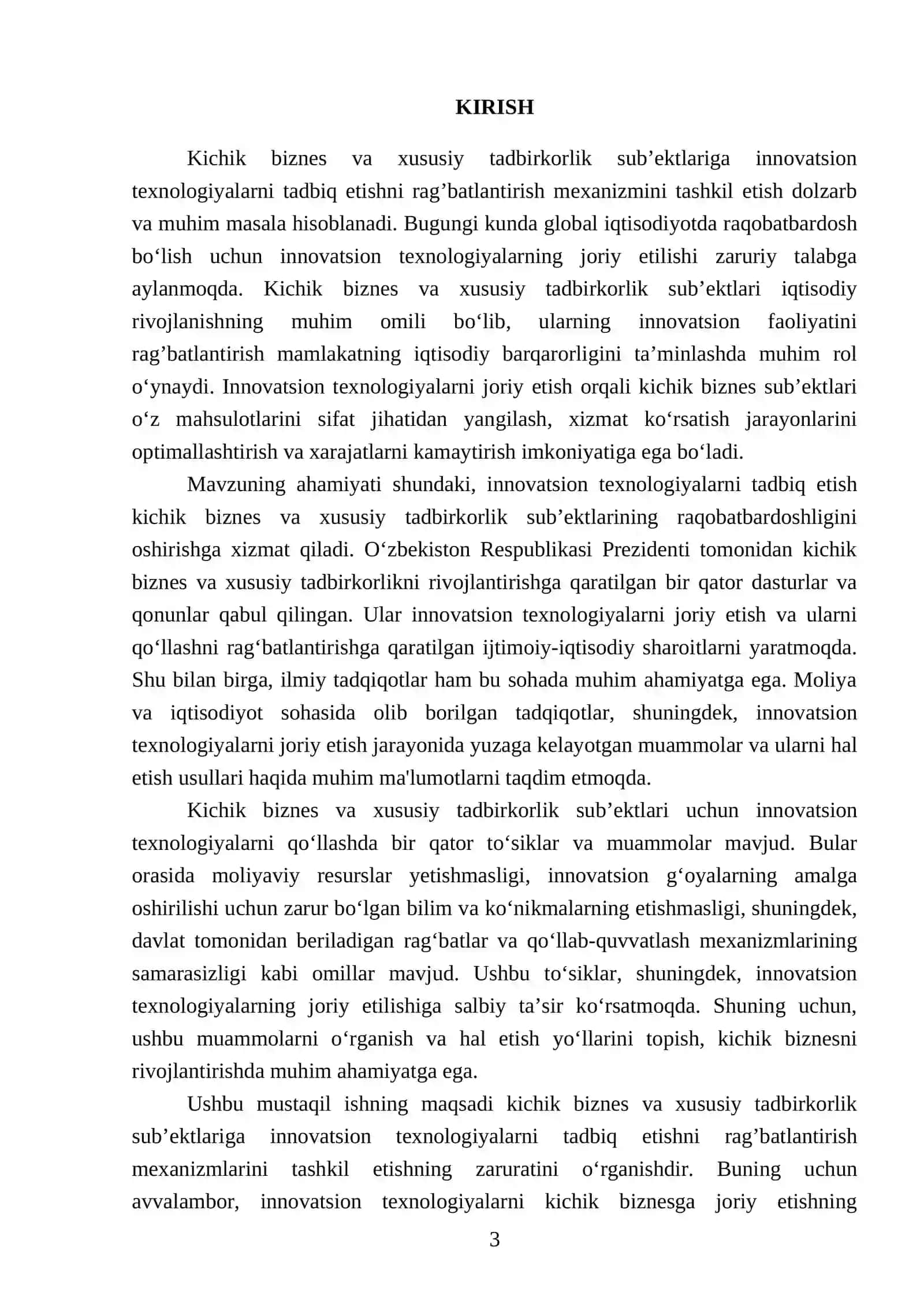 Kichik biznes va xususiy tadbirkorlik sub’ektlariga innovatsion texnologiyalarni tadbiq etishni rag’batlantirish mexanizmini tashkil etish 3