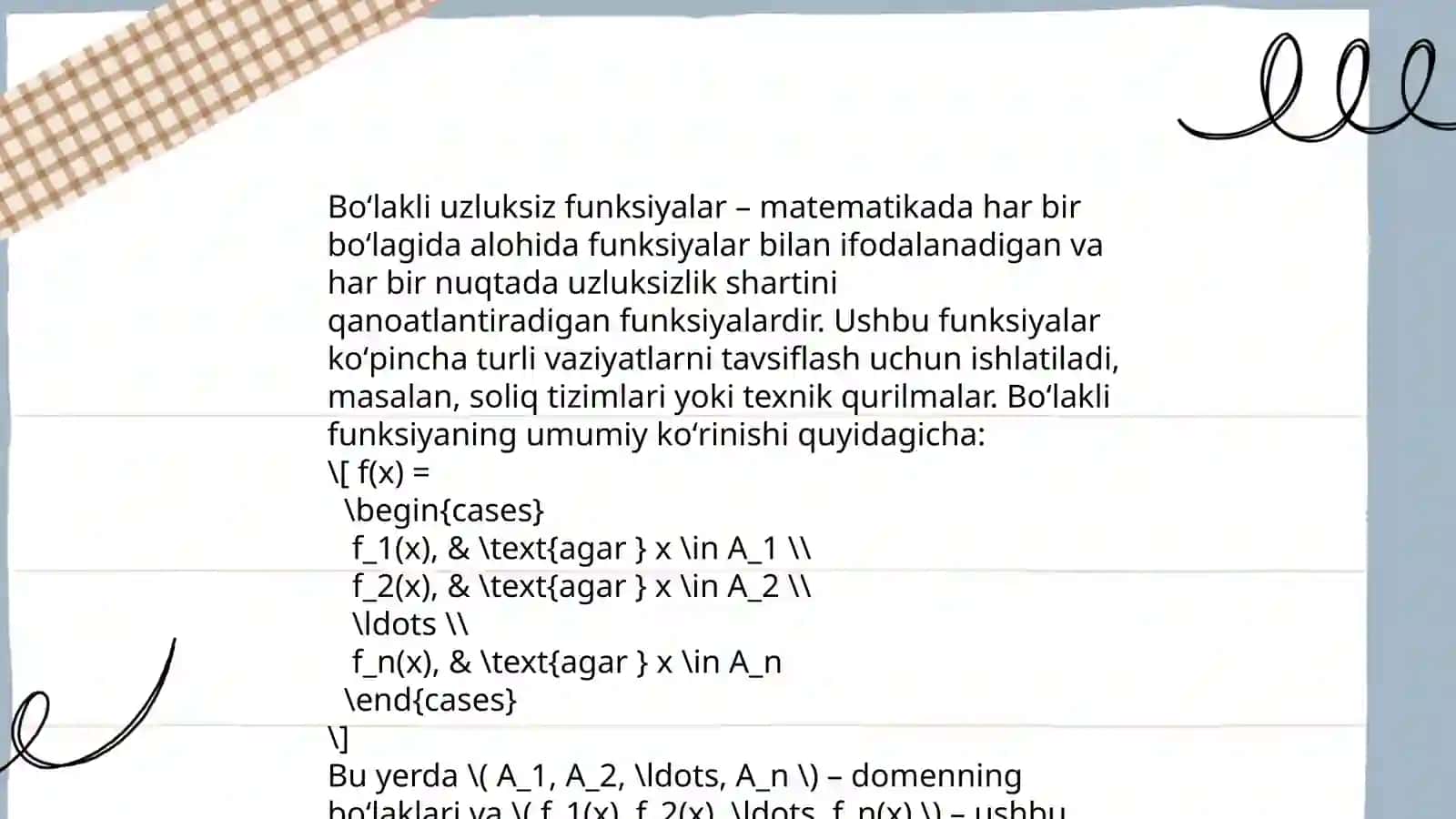 Boʻlakli - uzluksiz, boʻlakli - differensiallanuvchi va boʻlakli- silliq funksiyalar 3