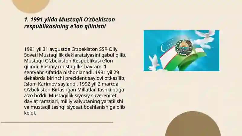 Mustaqil Oʻzbekiston respublikasining tashkil topishi va uning tarixiy ahamiyati 3