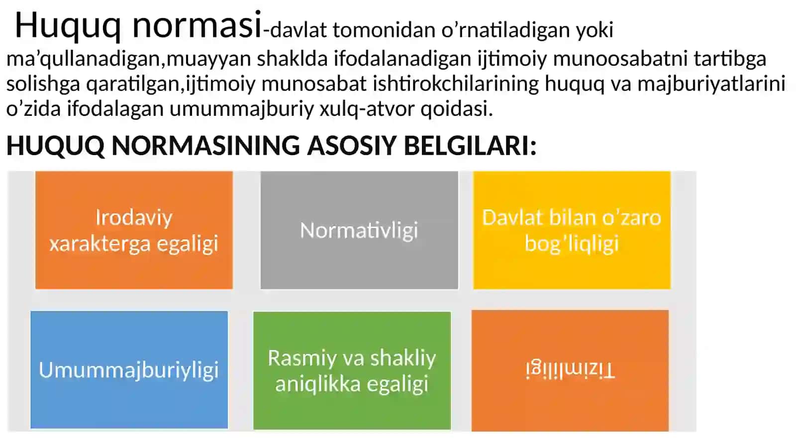 Huquq normasi,normativ-huquqiy ko’rsatma,yuridik norma tushunchalari,belgilari va mazmuni 3