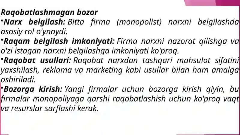 Raqobatlashgan va Raqobatlashmagan bozorlardanarx belgilash xususiyatlari 3