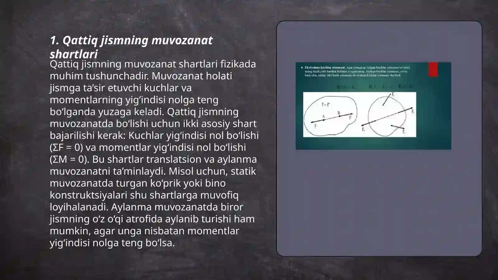 Qattiq jismning kuchlar sistemasi tasirida muvozanati. Bosh vektor va bosh momenti 3