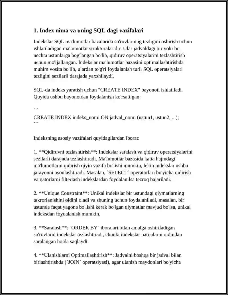 SQL DA INDEX BILAN ISHLASH 3