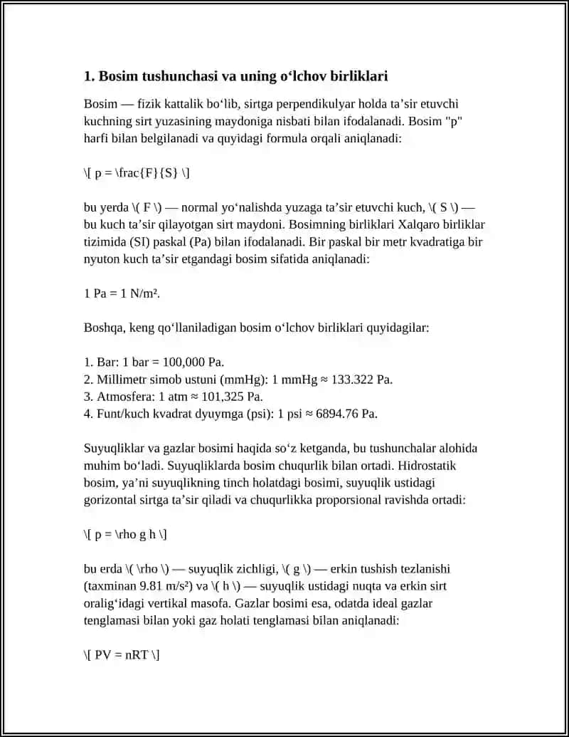 Bosim tushunchasi va uning o‘lchov birliklari 3