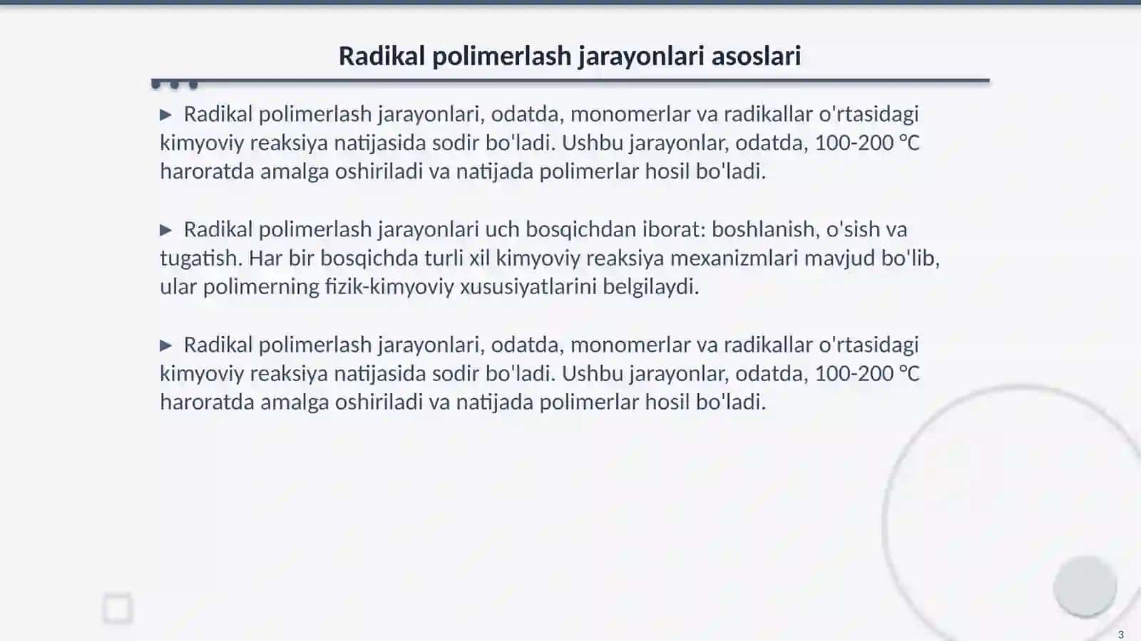Kompleks radikal polimerlash reaksiyalari va kinetikasi 3